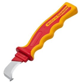 Nož izolovan 1000V dužine 195 mm za skidanje izolacije sa kablova. Kukasto sečivo sa kliznom papučicom i zaštitnom kapicom, nerđajući čelik NWS